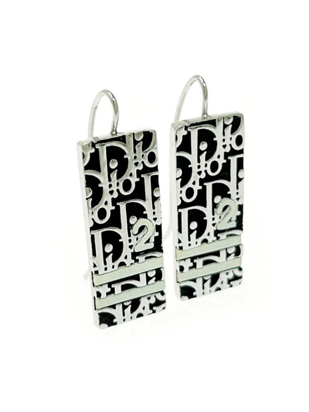 Christian Dior Trotter Plate Earrings Women Silver Black - Picture 2 of 4